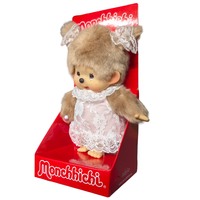 8" Monchhichi Beige Girl - in White Lace Dress, Lace Ribbon Ponytail and Brown Eyes by Sekiguchi