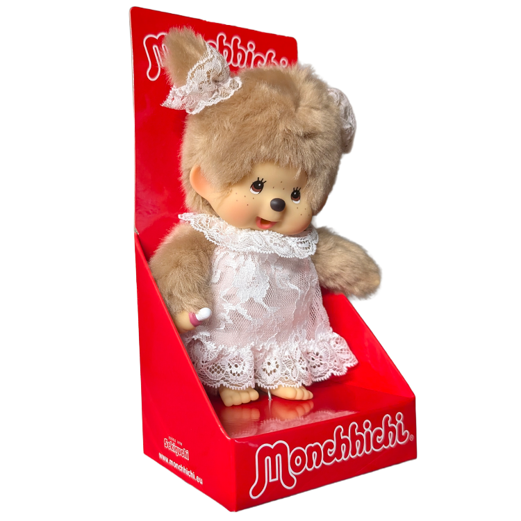 8" Monchhichi Beige Girl - in White Lace Dress, Lace Ribbon Ponytail and Brown Eyes by Sekiguchi