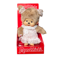 8" Monchhichi Beige Girl - in White Lace Dress, Lace Ribbon Ponytail and Brown Eyes by Sekiguchi