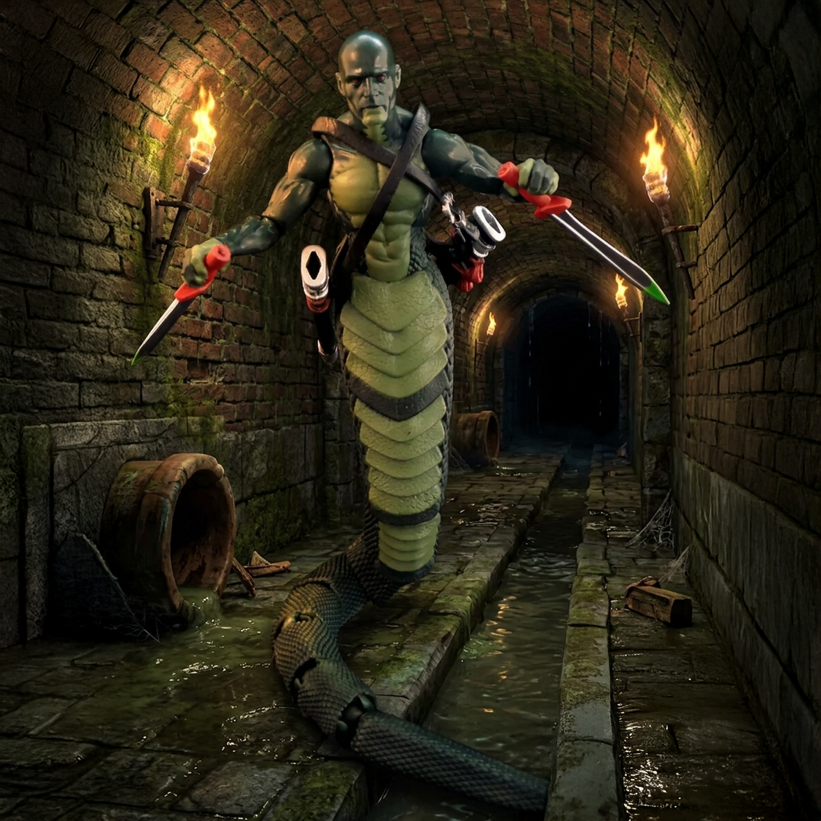 Berzerker of the Gorgon Horde -Vitruvian H.A.C.K.S. 1:18 Scale Action Figure by Boss Fight Studio Llc in sewer setting with weapons