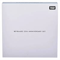 Hasbro Beyblade 25th Anniversary Set in minimalist white packaging with black text and Takara Tomy logo in corner