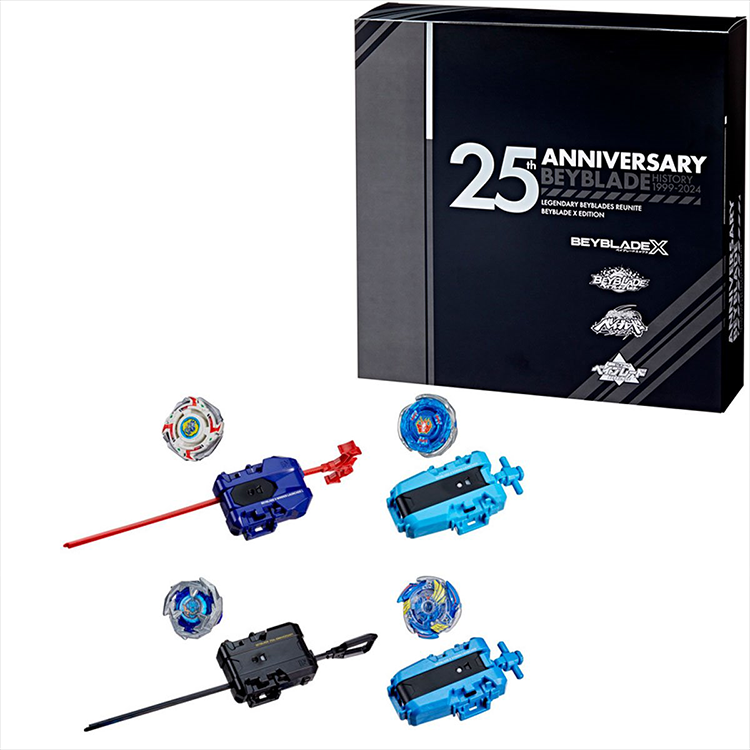 Hasbro Beyblade 25th Anniversary X Edition set with four tops and launchers displayed beside sleek black collector box
