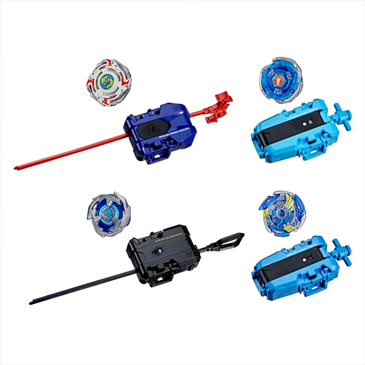 Hasbro Beyblade 25th Anniversary Set X Edition with four tops and launchers in blue, red, and black colors on white background