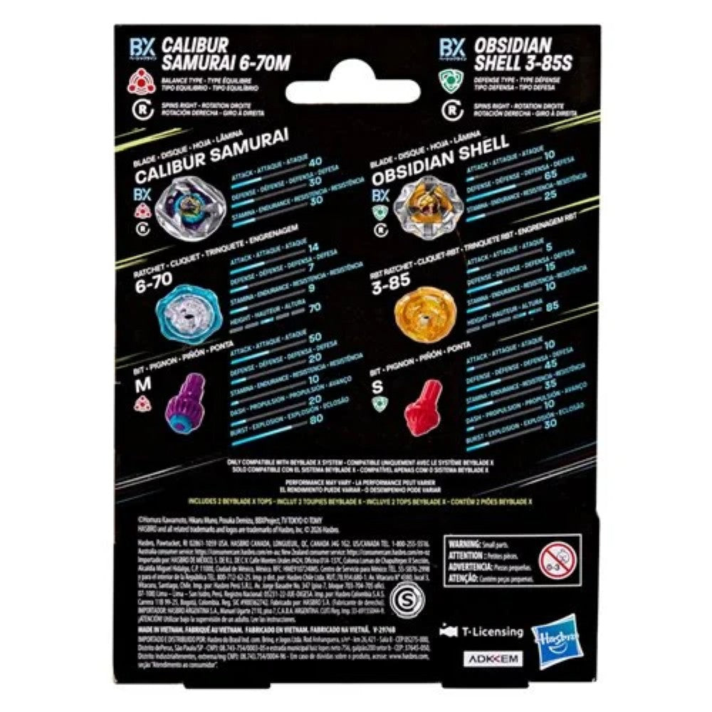 Beyblade X Calibur Samurai 6-70M BX & Obsidian Shell 3-85S BX Dual Pack Set Hasbro Beyblade Spinning Tops back packaging