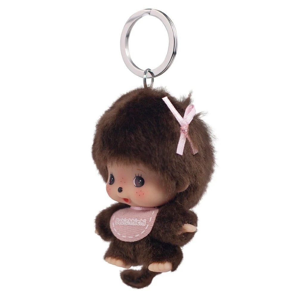 4" Bebichhichi Big Head Mascot Girl Monchhichi Keychain Plush Mascot with brown plush girl, pink bow, and key ring
