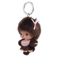 4" Bebichhichi Big Head Mascot Girl Monchhichi Keychain Plush Mascot with brown plush girl, pink bow, and key ring