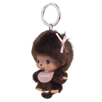 4" Bebichhichi Big Head Mascot Girl Monchhichi Keychain Plush Mascot, brown plush girl with pink bow and ring