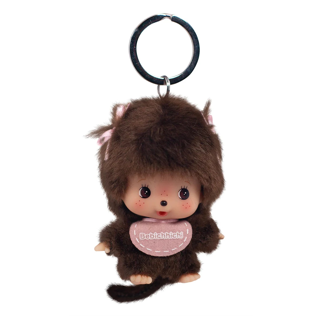 4" Bebichhichi Big Head Mascot Girl Monchhichi Keychain Plush Mascot with brown fur and ring