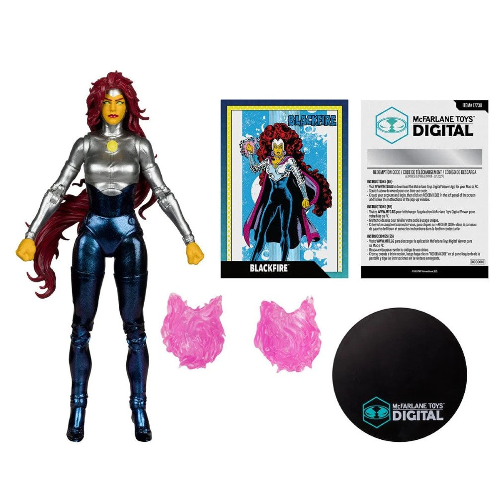 McFarlane 7-inch Blackfire figure with red hair, metallic outfit, energy effects, collectible card, and display base