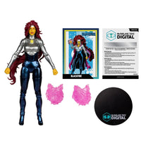McFarlane 7-inch Blackfire figure with red hair, metallic outfit, energy effects, collectible card, and display base