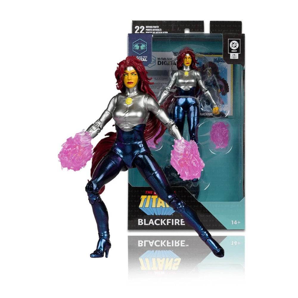 McFarlane 7-inch Blackfire figure with red hair, metallic outfit, purple energy effects, and collectible card in packaging