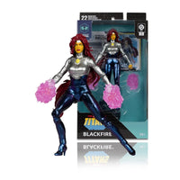 McFarlane 7-inch Blackfire figure with red hair, metallic outfit, purple energy effects, and collectible card in packaging