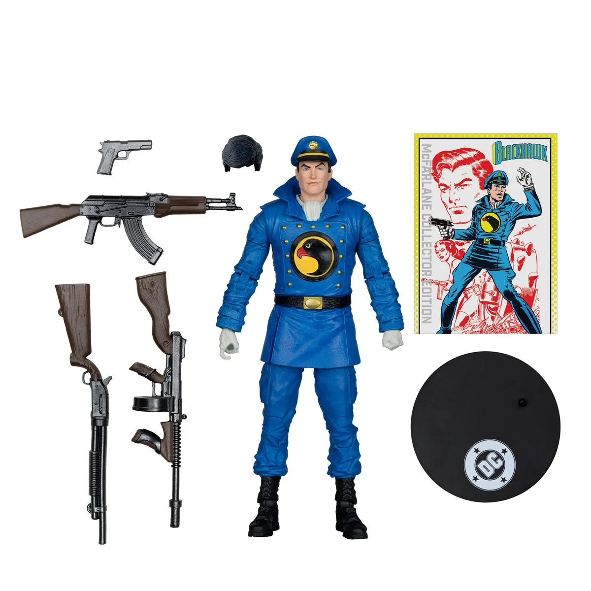 DC McFarlane Collector Edition Wave 13 #49 Blackhawk DC Classics 7-Inch Scale Action Figure with accessories and display stand.