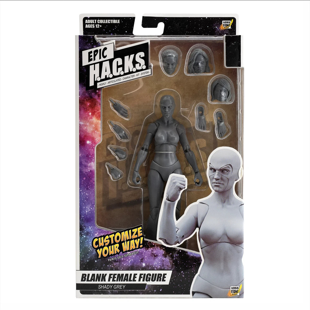 EPIC H.A.C.K.S. Blank Female SHADY GREY 6" Scale Premium Action Figure new in box by Boss Fight Studio Llc with accessories