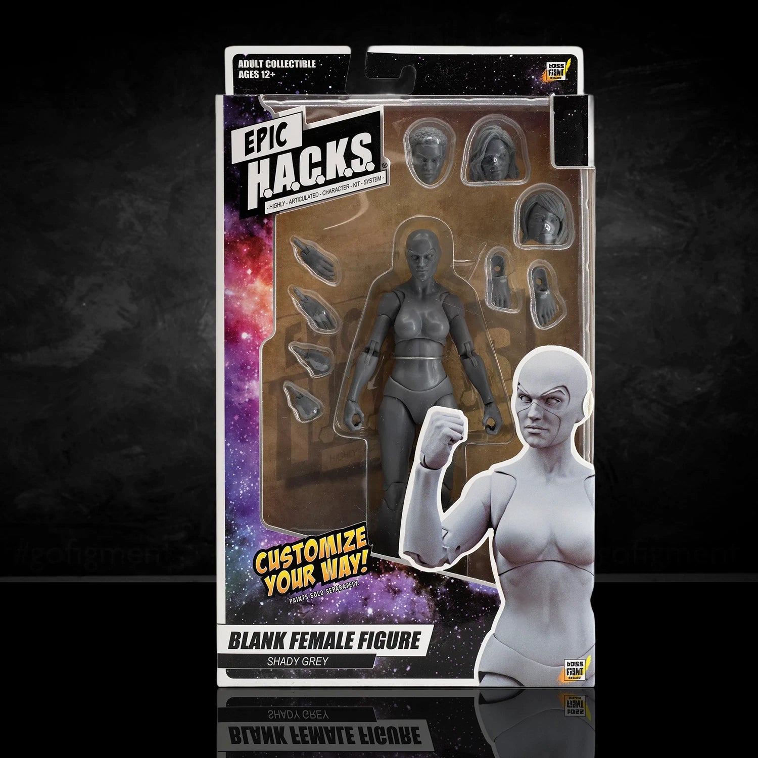 Epic Hacks action figure packaging with customizable options on a dark background