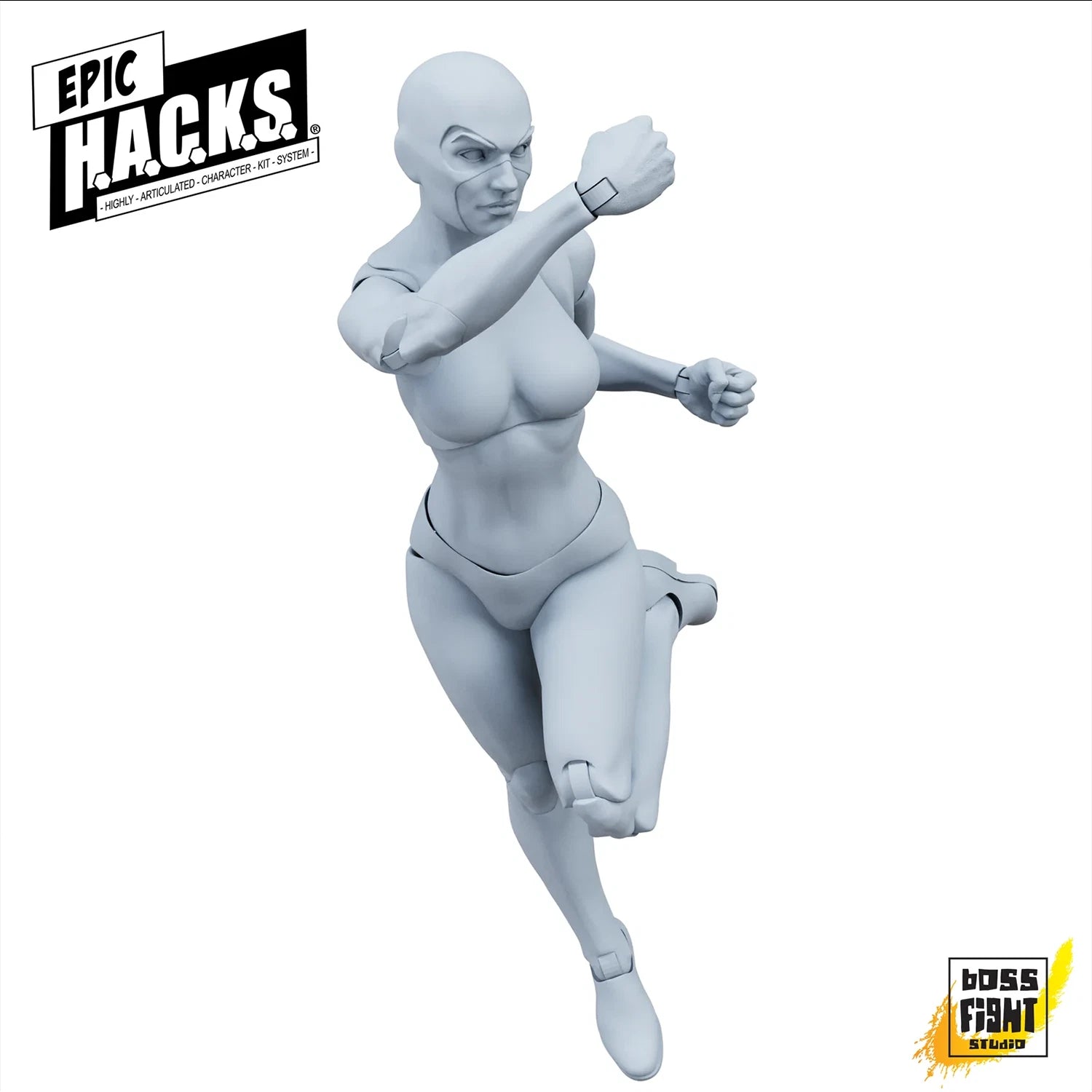 Gray superhero figure in a dynamic pose with 'Epic H.A.C.K.S.' and 'Boss Fight Studio' branding.