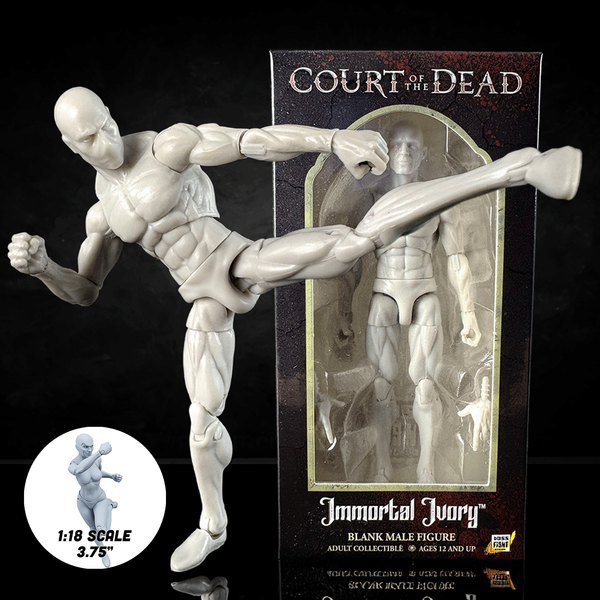 Immortal Ivory Male - Court of the Dead Action Figure Blank 1:18 Scale by Boss Fight Studio Llc posed with box in background