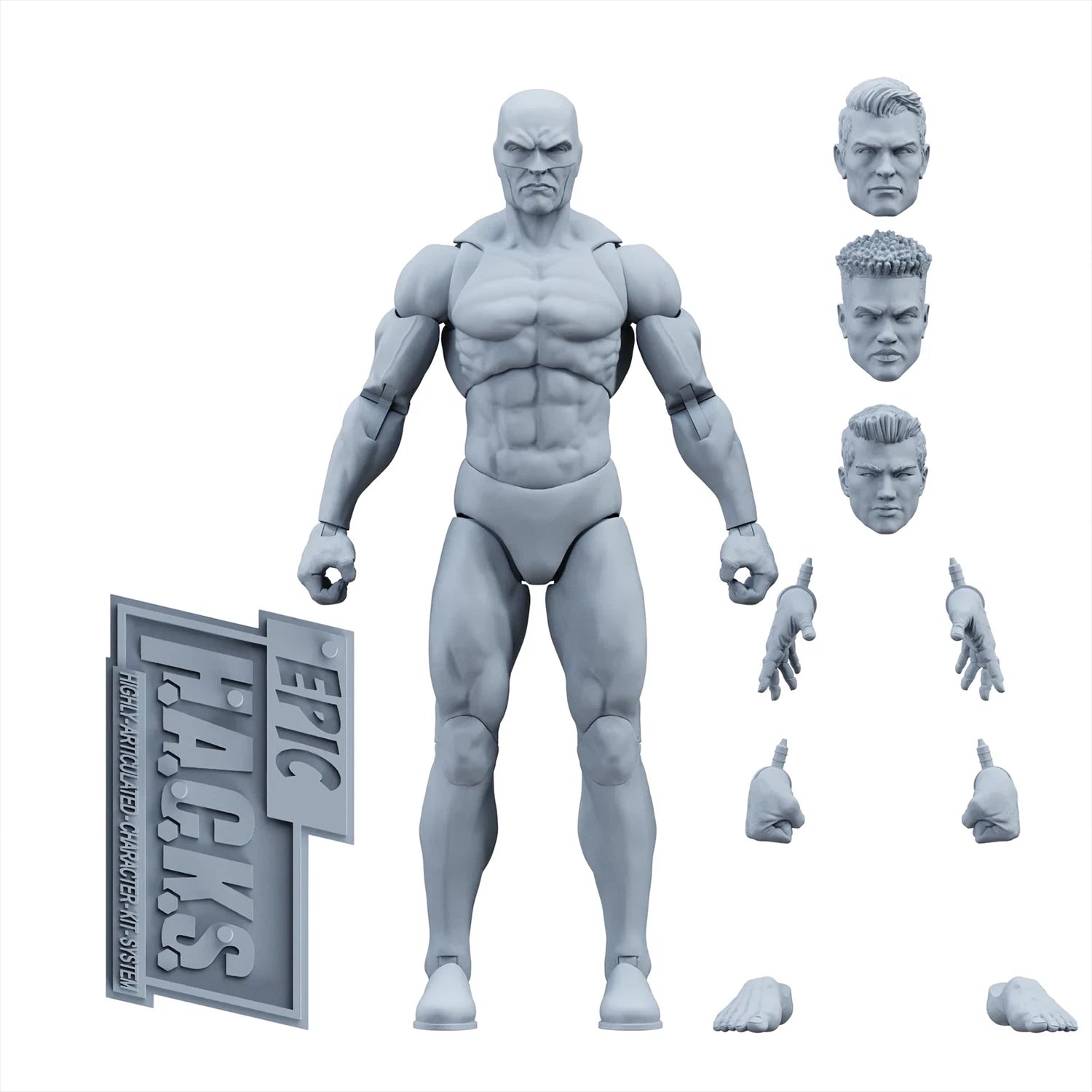 EPIC H.A.C.K.S. Blank Male SHADY GREY 6" Scale Premium Action Figure new in box with extra heads and hands by Boss Fight Studio Llc