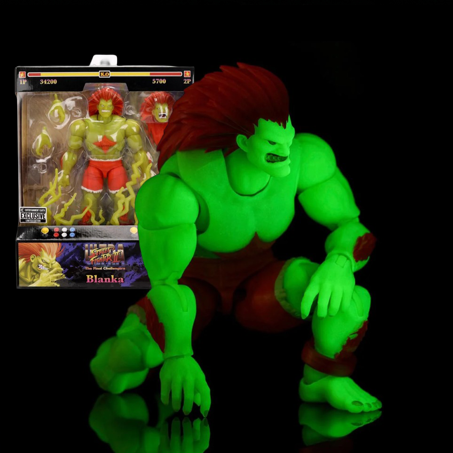 Blanka Ultra Street Fighter II Glow-in-the-Dark 6-Inch Action Figure Jada Toys glowing green crouching pose with packaging