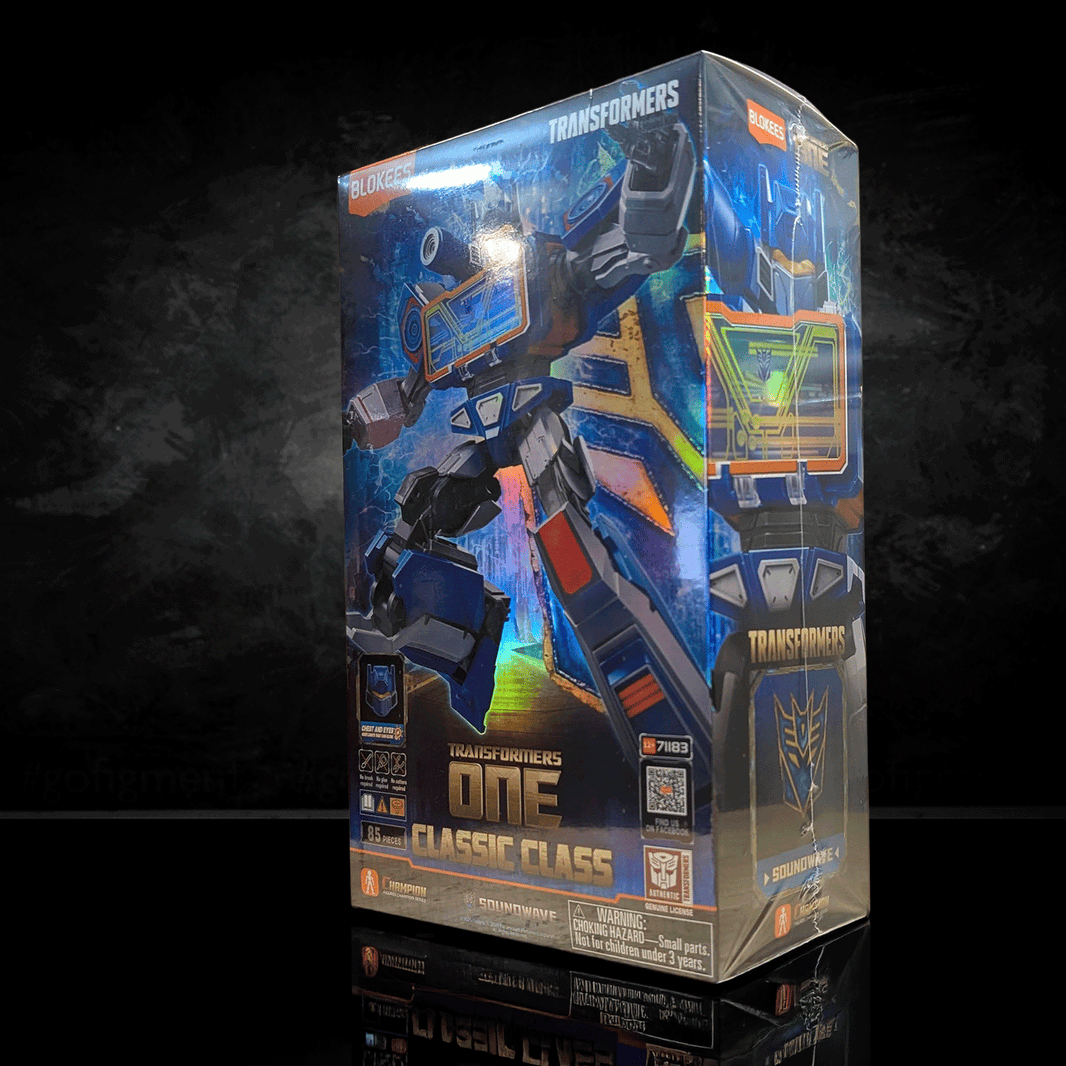 Blokees Transformers One Soundwave premium light-up model kit in vibrant packaging with 85 pieces and detailed artwork