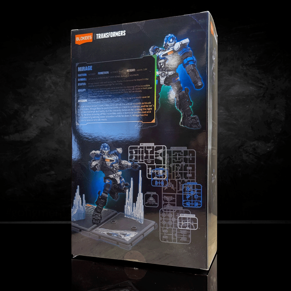 Hasbro Transformers Classic Class Mirage Blokees model kit box showing assembled figure and parts on display