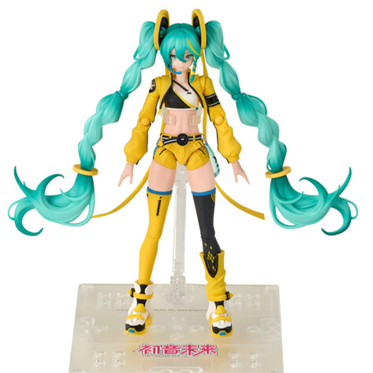 Blokees 17cm Hatsune Miku model kit figure with turquoise twin tails and yellow black outfit on display stand