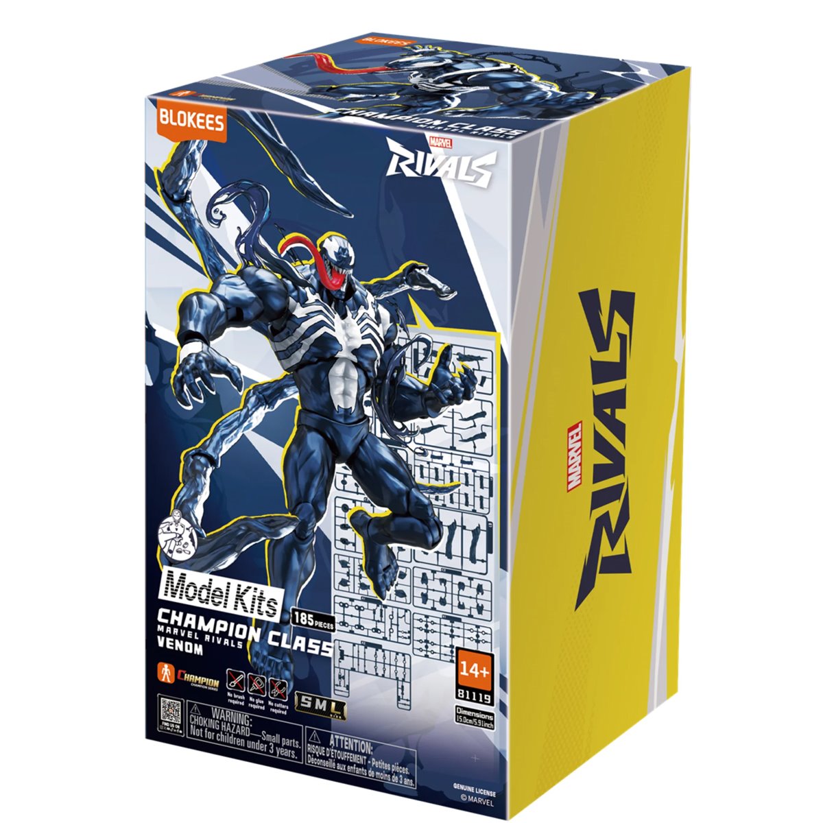 Venom Marvel Rivals Champion Class CC08 Blokees Model Kit packaging featuring dynamic Venom artwork and model parts layout.