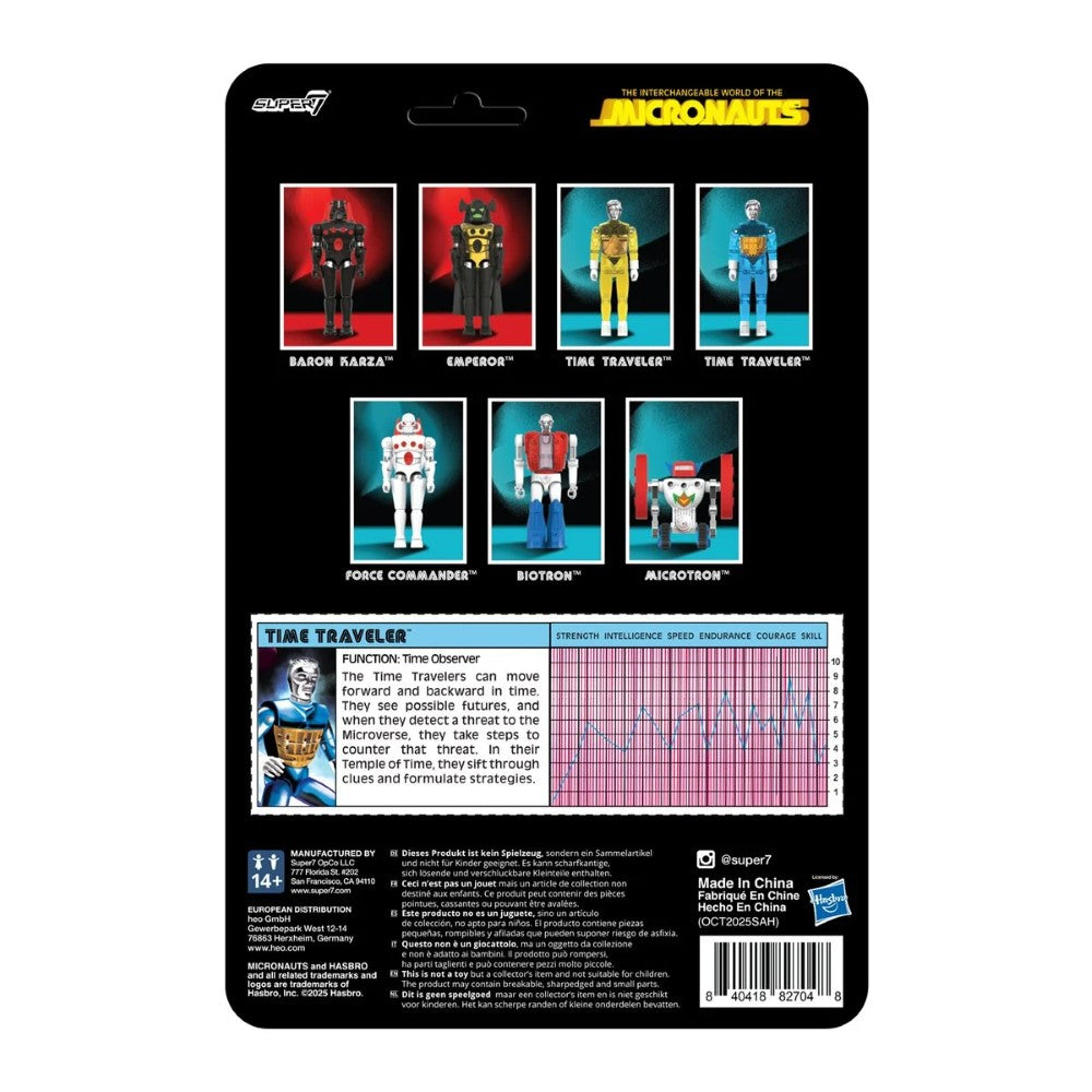 Time Traveler Micronauts Translucent Blue Super7 ReAction+ Action Figure new in box with character stats and packaging back view