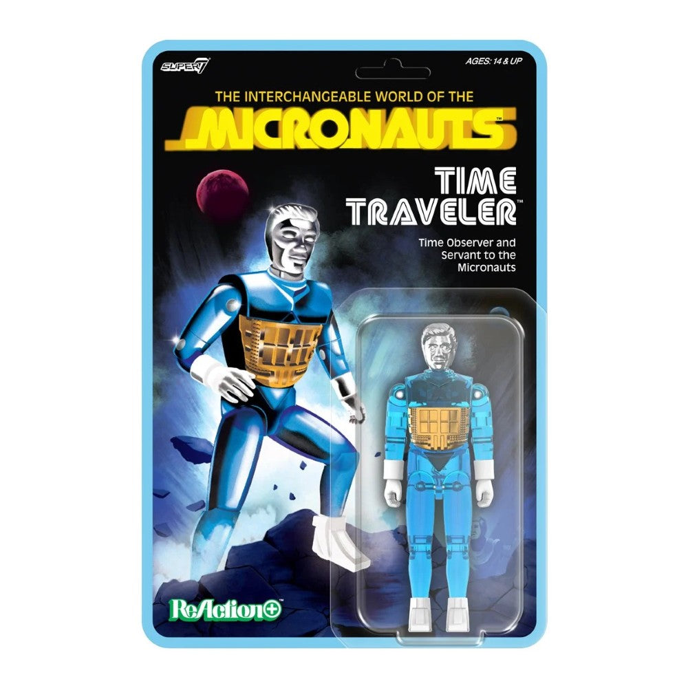Time Traveler Micronauts Translucent Blue Super7 ReAction+ Action Figure new in box with silver head and gold chest details