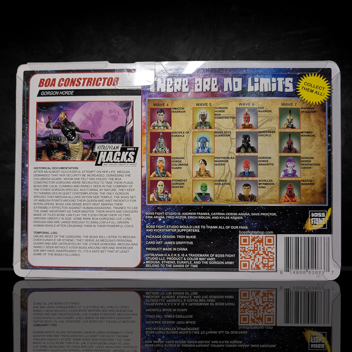 Back packaging for "Boa Gorgon Vitruvian H.A.C.K.S. Series 1 Boss Fight Studio 4" Figure showing character bio and wave series lineup by Boss Fight Studio Llc