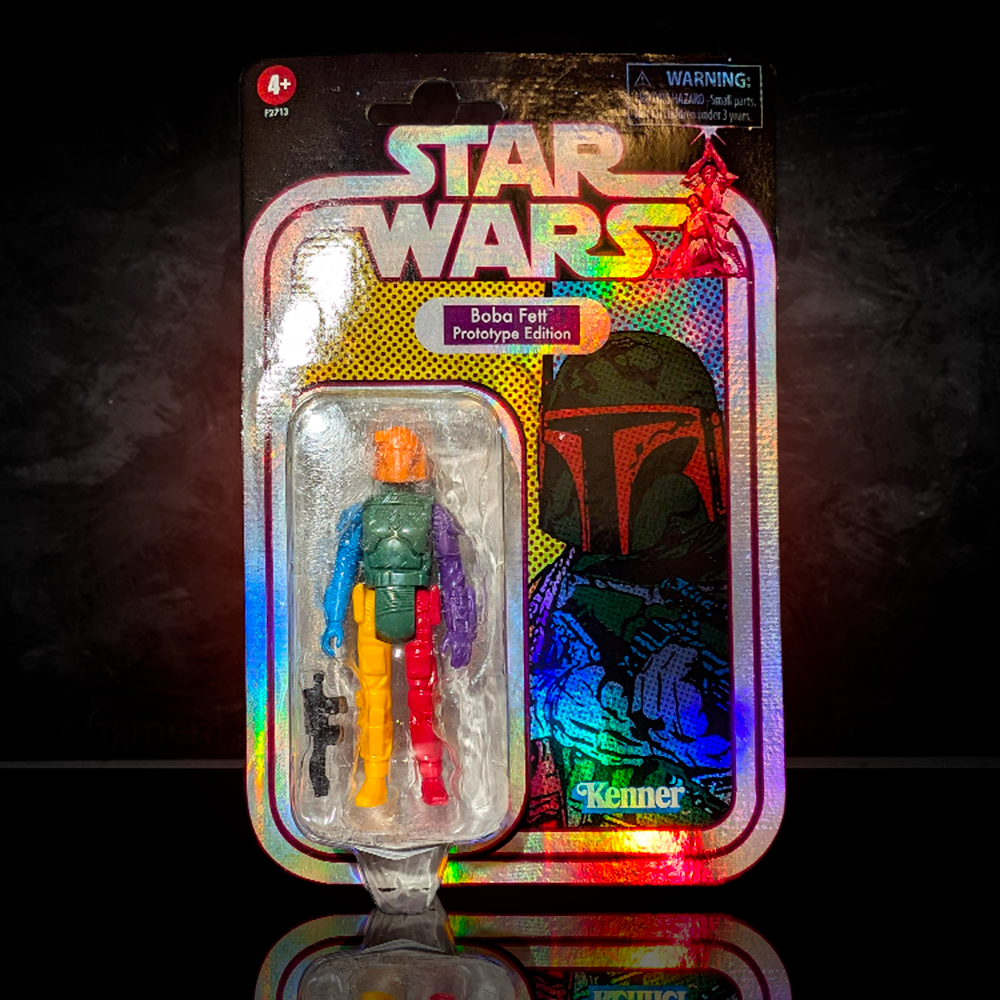 Star Wars Retro Collection Boba Fett Prototype Edition action figure with multi-colored limbs in Go Figment holographic cardback packaging