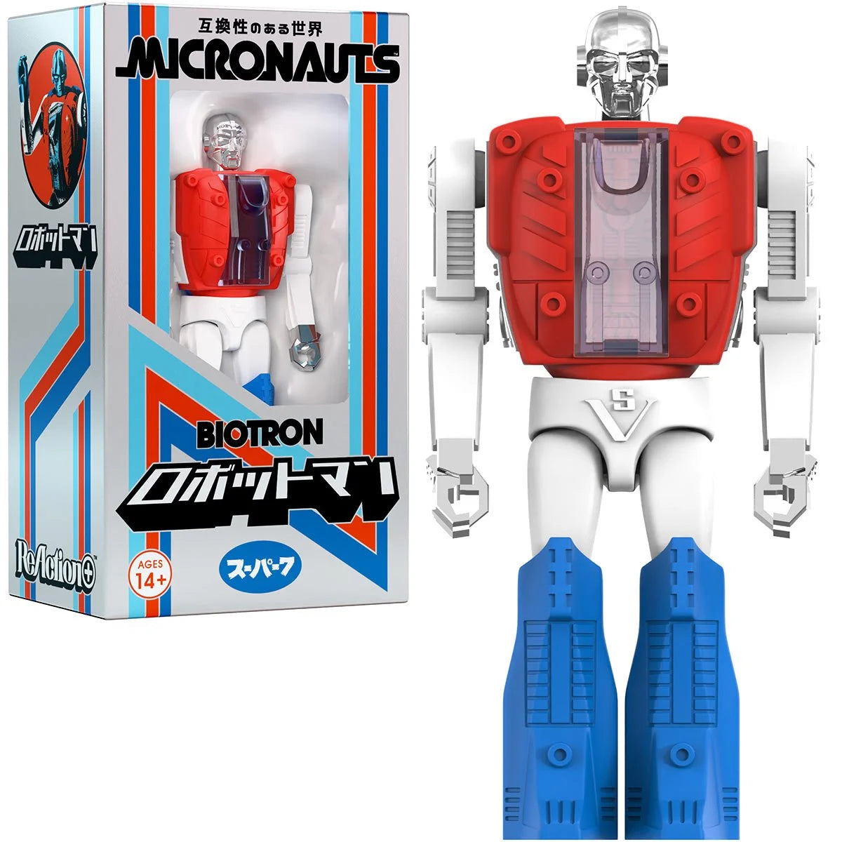 Biotron Micronauts 3.75-Inch Action Figure Super7 Reaction+ in red, white, and blue packaging