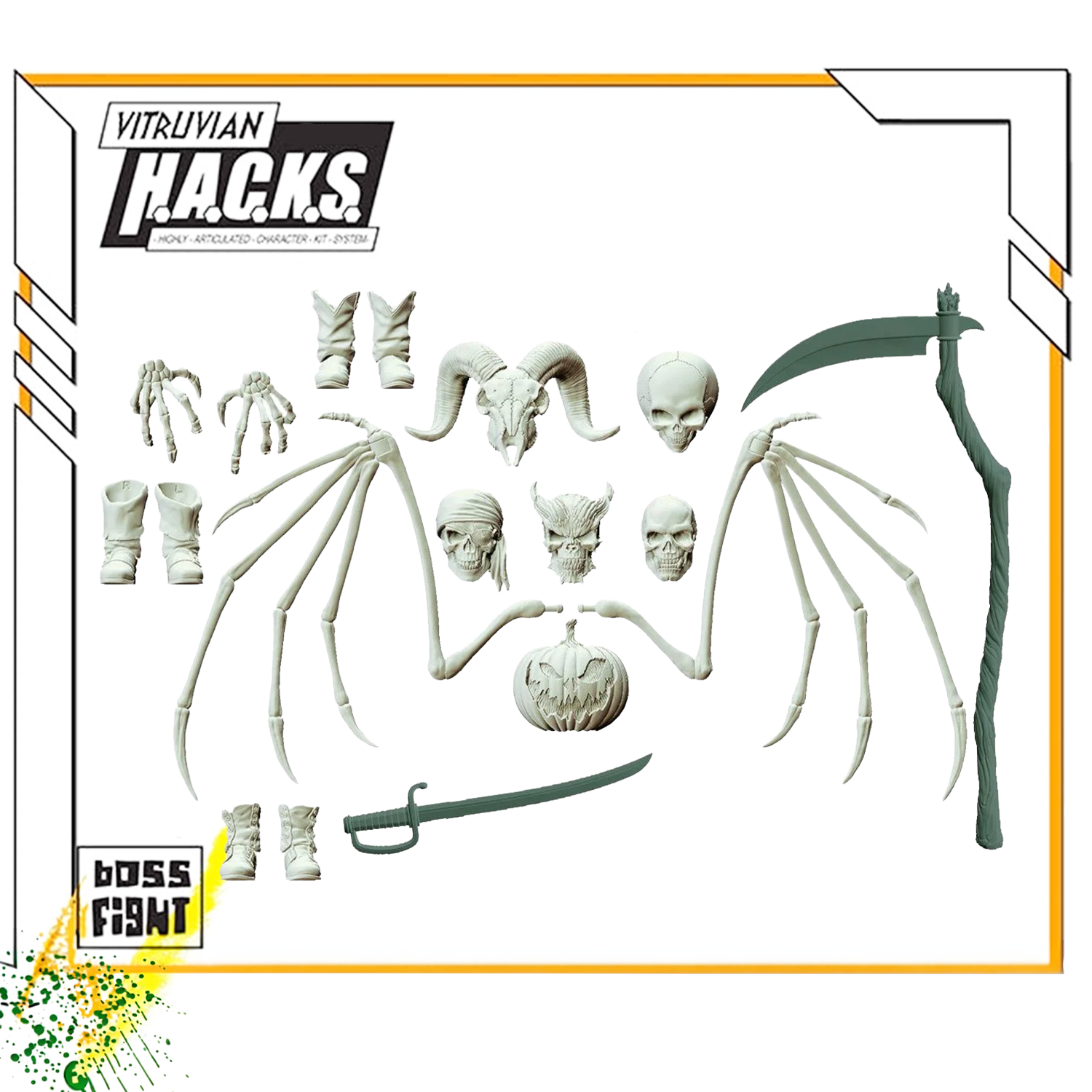 Set of off-white articulated skeletal parts including skulls, bat wings, horns, a pumpkin head, a sword, and a scythe on white background