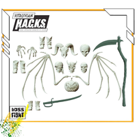Set of off-white articulated skeletal parts including skulls, bat wings, horns, a pumpkin head, a sword, and a scythe on white background