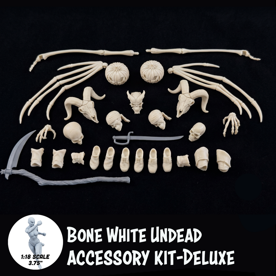 1:18 Scale Bone White Undead Character Creator Kit (Wings, Scythe & Multi-Head Pack for 3.75" - 4" Figures) new in box by Boss Fight Studio Llc