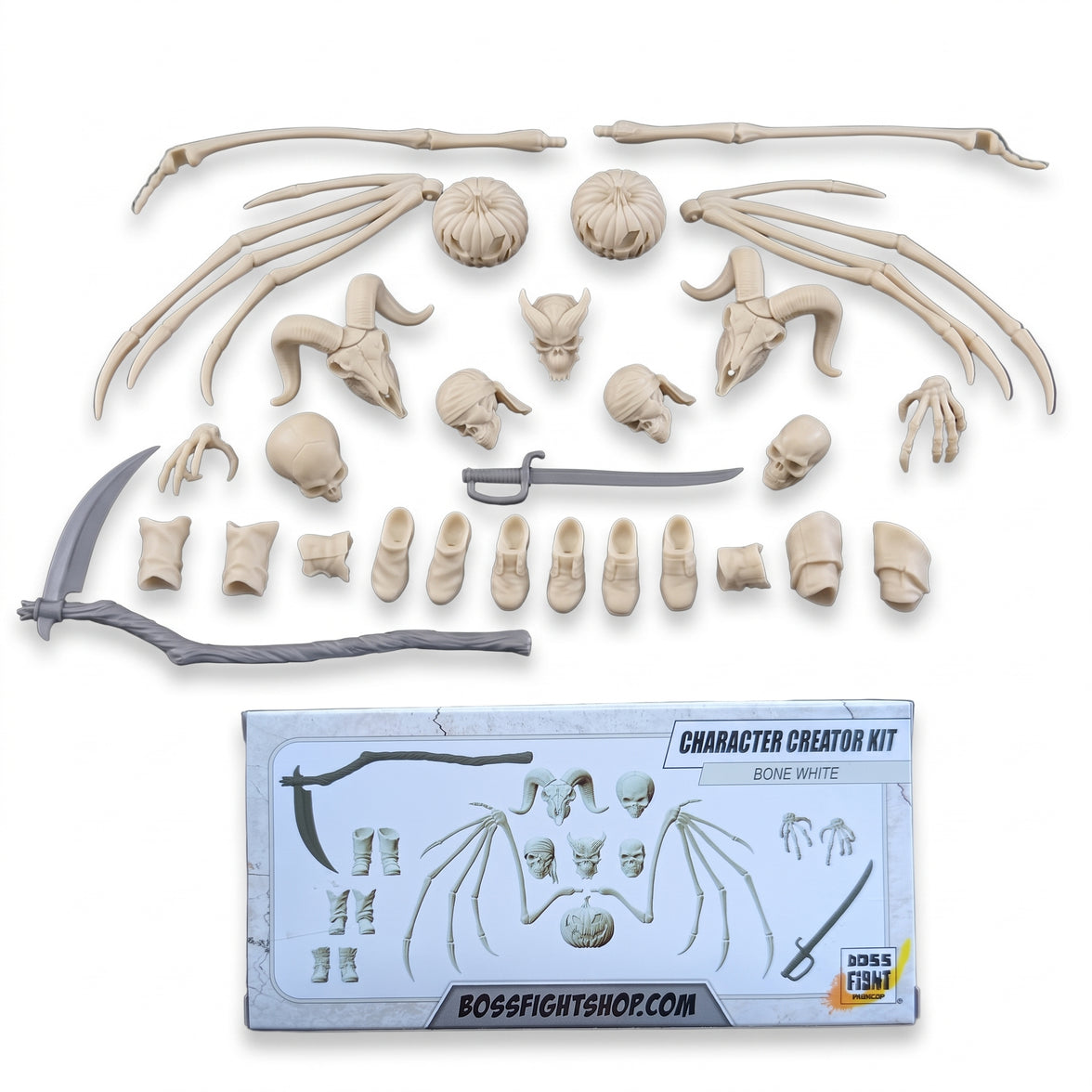 1:18 Scale Bone White Undead Character Creator Kit (Wings, Scythe & Multi-Head Pack for 3.75" - 4" Figures) Boss Fight Studio