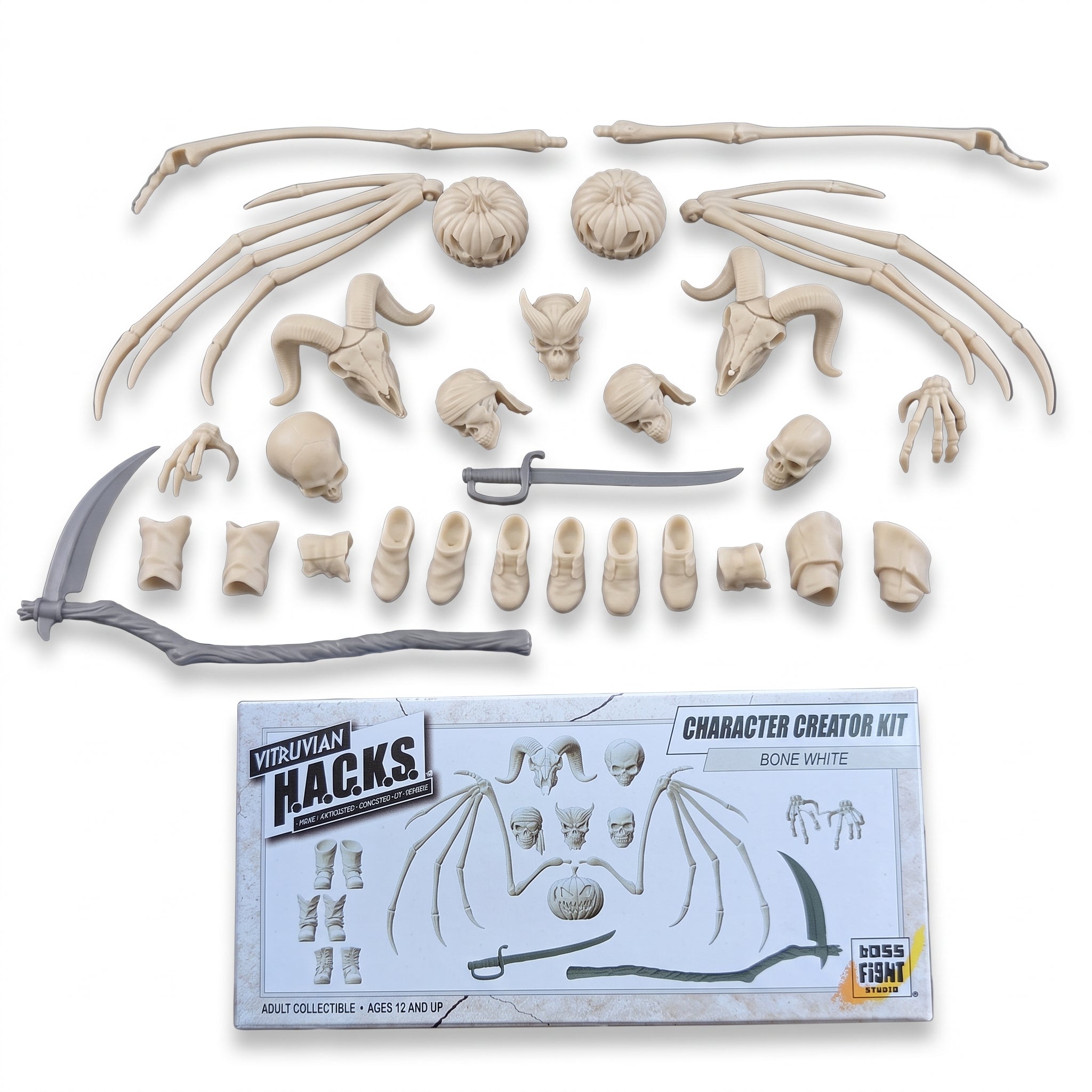 1:18 Scale Bone White Undead Character Creator Kit (Wings, Scythe & Multi-Head Pack for 3.75" - 4" Figures) Boss Fight Studio