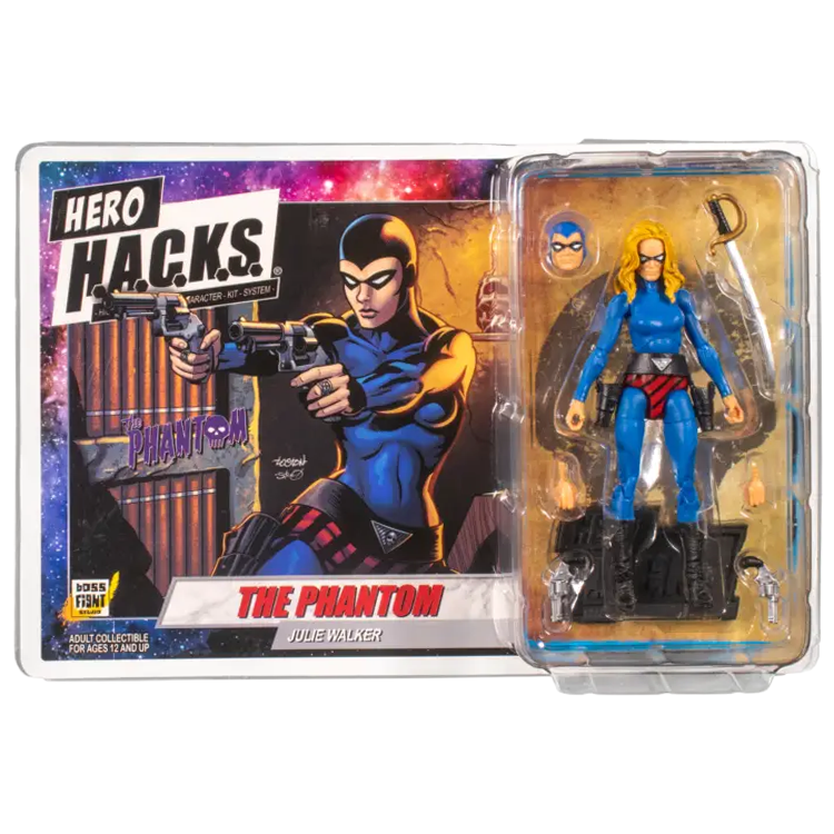 Action figure of The Phantom Julie Walker with blue costume, extra head, and accessories in blister pack packaging.