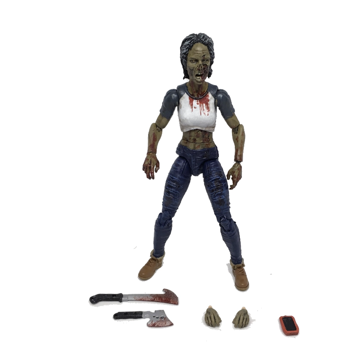 Action figure of a character with a weapon and accessories on a white background