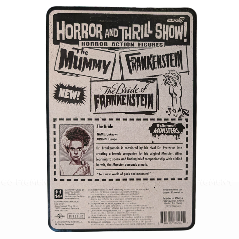 Bride of Frankenstein Universal Monsters Super7 ReAction+ 3.75-Inch Action Figure vintage-style card back featuring character bio and franchise logos.