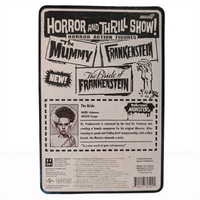 Bride of Frankenstein Universal Monsters Super7 ReAction+ 3.75-Inch Action Figure vintage-style card back featuring character bio and franchise logos.