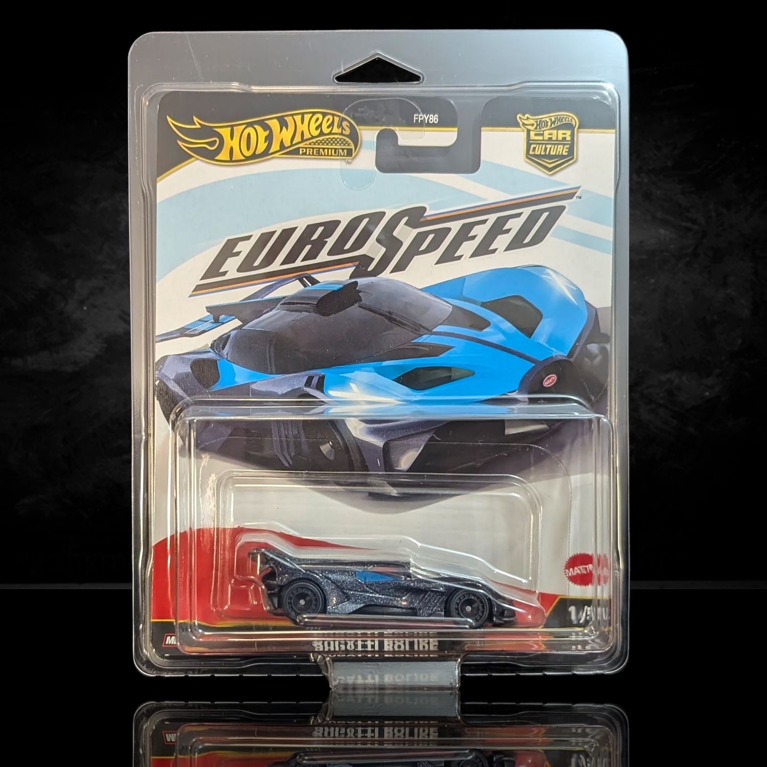 Hot Wheels Premium Euro Speed 1:64 scale die-cast car in metallic black with detailed Real Riders wheels in collector packaging