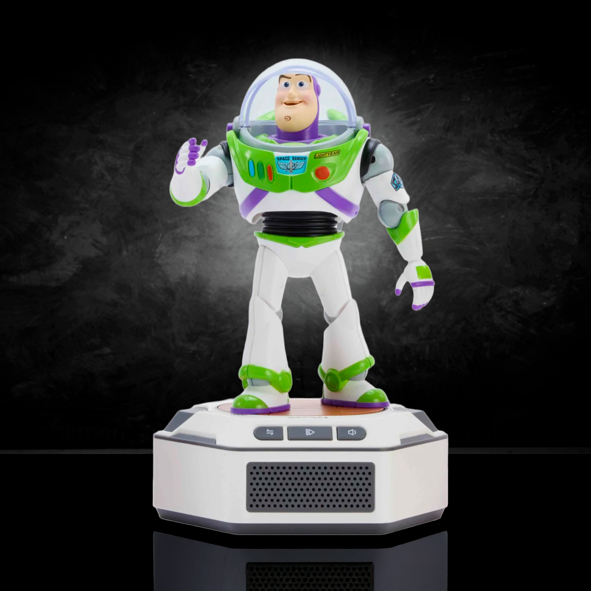 Buzz Lightyear mini robot standing on a white base by Robesen Robotics with space-themed details against black background