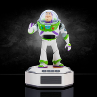 Buzz Lightyear mini robot standing on a white base by Robesen Robotics with space-themed details against black background
