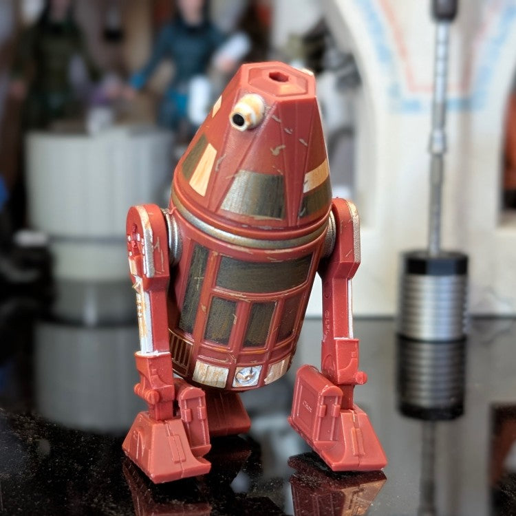 Disney Droid Factory C4-R4C Star Wars droid figure in red and white with detailed weathered paint finish.
