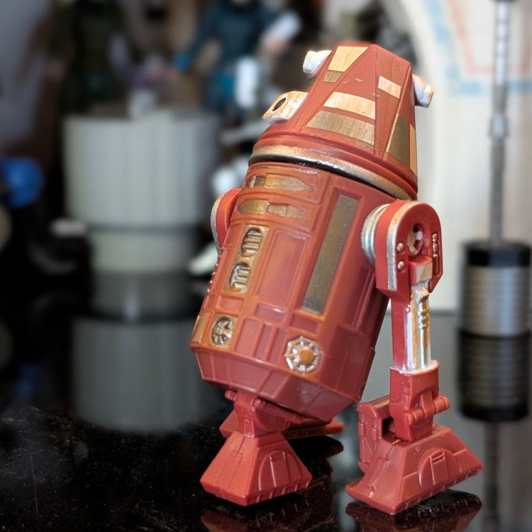 Loose 1/18 scale C4-R4C astromech figure in red and white from Disney Droid Factory Star Wars collection