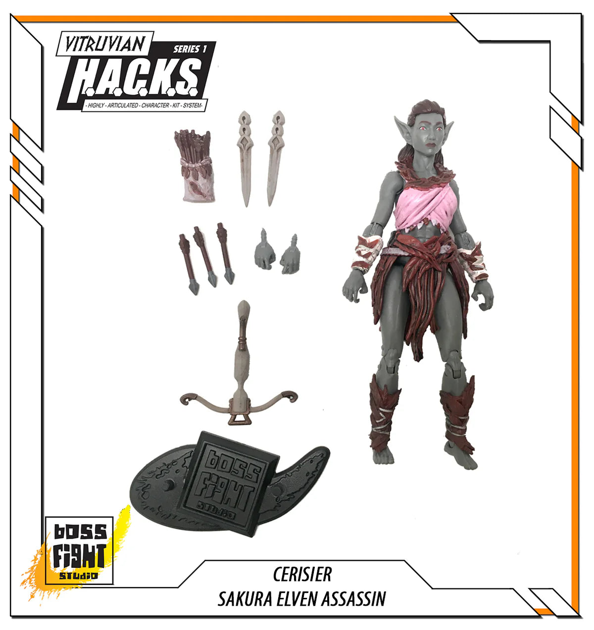 Cerisier Sakura Elven Assassin -Vitruvian H.A.C.K.S. 1:18 Scale Action Figure by Boss Fight Studio Llc with accessories and display stand.