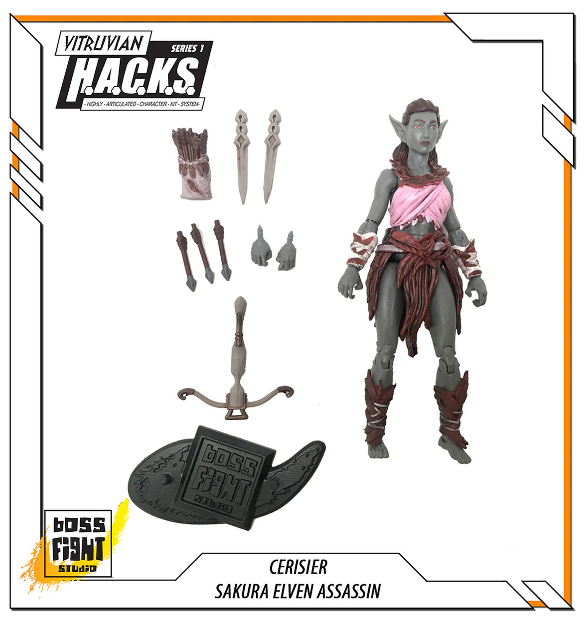 Cerisier Sakura Elven Assassin -Vitruvian H.A.C.K.S. 1:18 Scale Action Figure by Boss Fight Studio Llc with accessories and display stand.