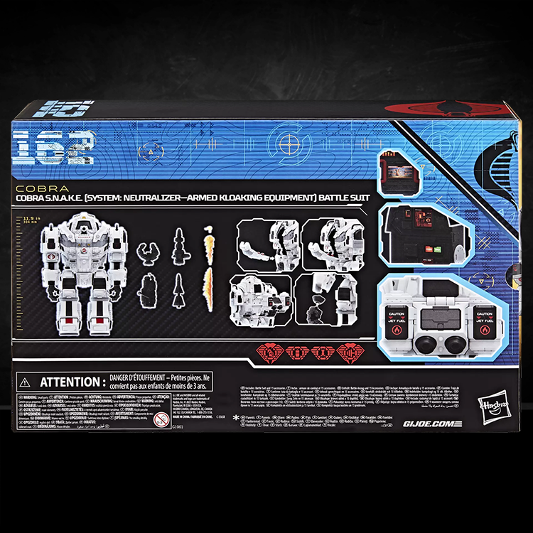 Hasbro G.I. Joe Cobra S.N.A.K.E battle suit packaging with accessories and detailed battle armor display.