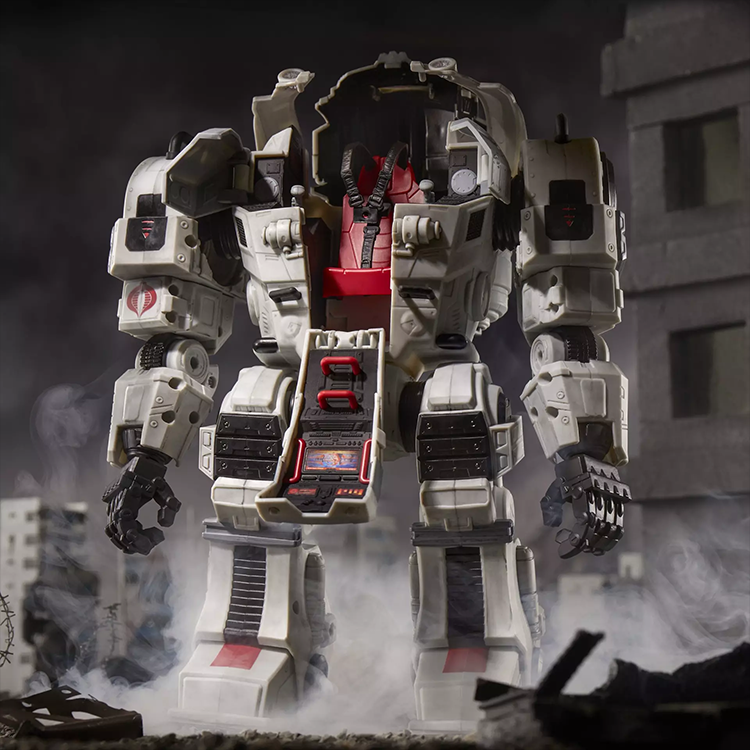 Hasbro G.I. Joe Cobra S.N.A.K.E Battle Suit with detailed cockpit and articulated arms in a smoky urban scene.